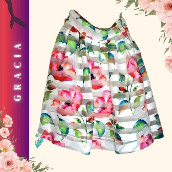 Gracia Dresses & Skirts - Gracia Floral Print A-Line Skirt with Sheer Stripes- Medium